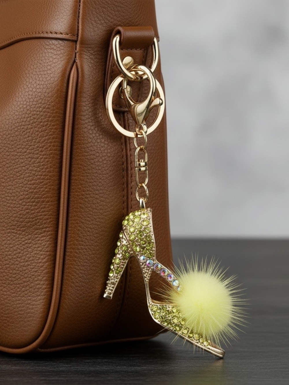 Rhinestone Yellow Fur Pom High Heel Keychain or Bag Charm - Picture 3 of 8